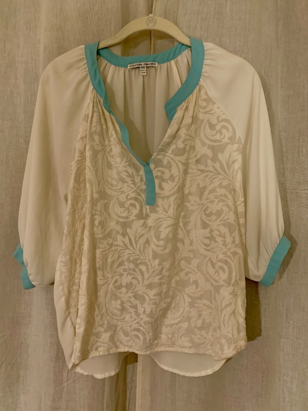 Collective Concepts Ivory Jacquard Aqua Trim Silk/Cotton Blouse XS